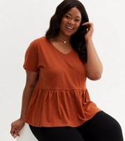 New Look Curves Orange V Neck Peplum T-Shirt